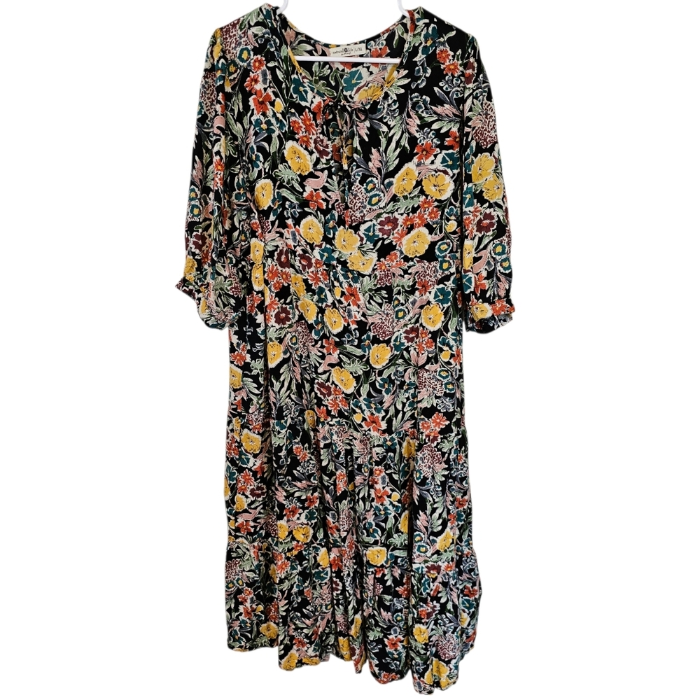 Natural Life L/XL Sage Vneck Maxi Tiered Floral Tassel Tropical Garden Rose Prin - Picture 2 of 11